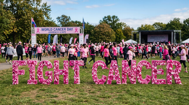 World Cancer Day Awareness Event With Giant Fight Cancer Letters