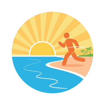 Vibrant circular icon design shows an orange stick figure runner crossing a finish line on a sunny beach at sunrise.