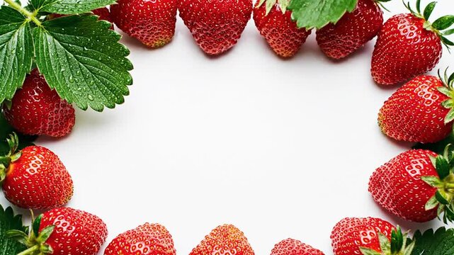 Fresh Red Strawberries Arranged as Frame on White Background Top View. 4K Video