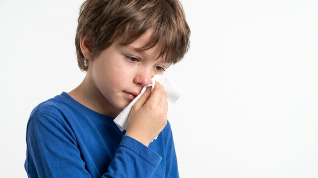 Young boy with a runny nose using a tissue on a white background  