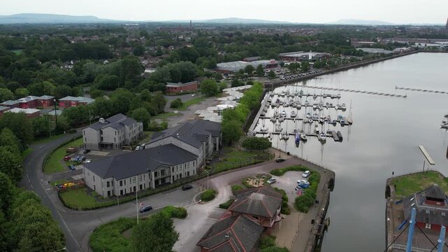 Aerial View of Preston City Docks and Port of Lancashire, Northern England, United Kingdom. Drone's Camera From Medium High Altitude on June 13th, 2025.