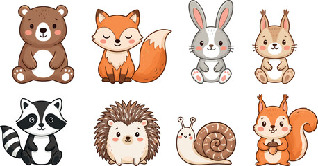 Obraz premium Cute Cartoon Woodland Animals Clipart Vector Set Featuring Bear, Fox, Rabbit, Squirrel, Raccoon, Hedgehog, and Snail Characters for Kids Graphic Design