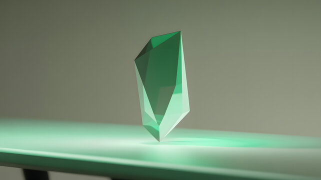 A single, translucent green crystal on a table