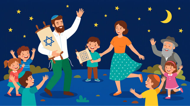 Happy Jewish Family Dancing and Celebrating Simchat Torah or Sukkot Holiday Vector Illustration.