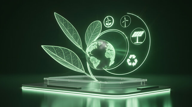 Illuminated globe with sustainable icons on a laptop