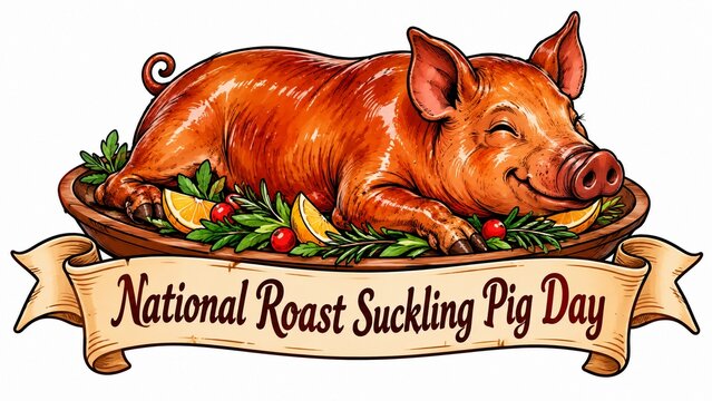 Illustration of a roasted suckling pig on a platter for National Roast Suckling Pig Day.