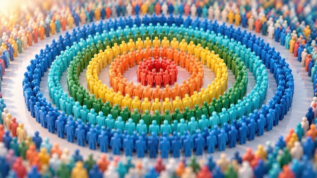 Concentric circles of diverse people in rainbow colors symbolizing unity and community.