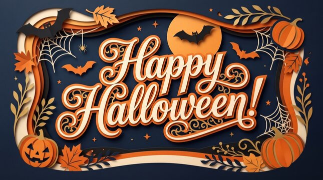 Premium Layered Paper-Cut Halloween Greeting Card with Elegant Moon, Bats, Pumpkins, Autumn Leaves, and Custom Typography