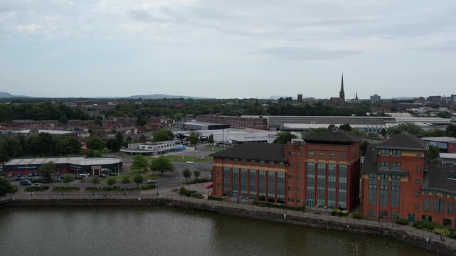 Aerial View of Preston City Docks and Port of Lancashire, Northern England, United Kingdom. Drone's Camera From Medium High Altitude on June 13th, 2025.