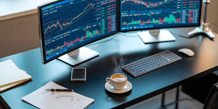 Modern office setup with dual monitors displaying financial charts, accompanied by essential work tools