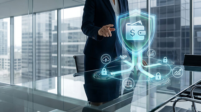 Fintech Security and Digital Wallet Protection Concept with Businesswoman Interacting with Virtual Interface   