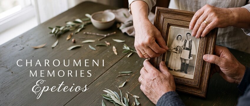 Senior couple holding vintage wedding photo in picture frame over rustic wooden table with olive leaves, celebrating anniversary, nostalgic family heritage, lifetime of love and marriage memory