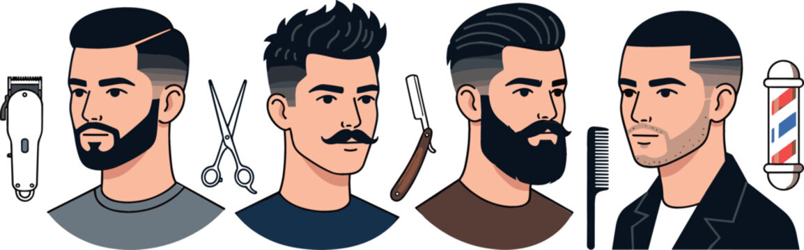Barbershop vector set featuring different men hairstyles like fade undercut, pompadour, full beard, buzz cut, hair clippers, scissors, straight razor, and pole sign isolated on white