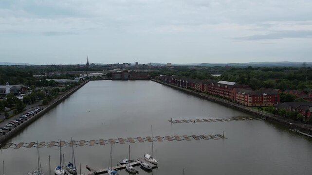 Aerial View of Preston City Docks and Port of Lancashire, Northern England, United Kingdom. Drone's Camera From Medium High Altitude on June 13th, 2025.