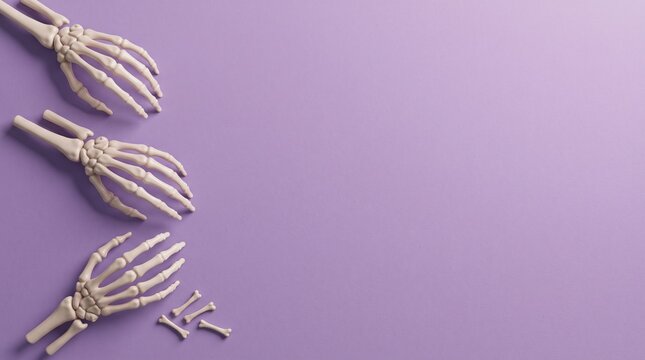 Three plastic skeleton hands rest on a vibrant lavender colored background with copy space