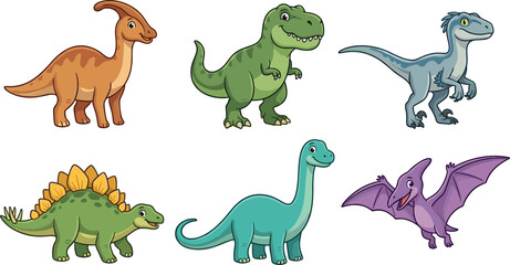 Cute Cartoon Dinosaur Vector Set Featuring Tyrannosaurus Rex Brachiosaurus Triceratops Stegosaurus Pterodactyl and Velociraptor Characters Isolated on White Background © Sohel