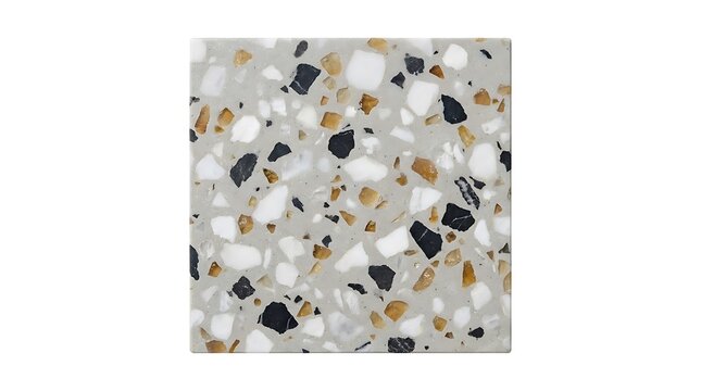 Modern grey terrazzo tile featuring black, white, and golden stone chips isolated on white background