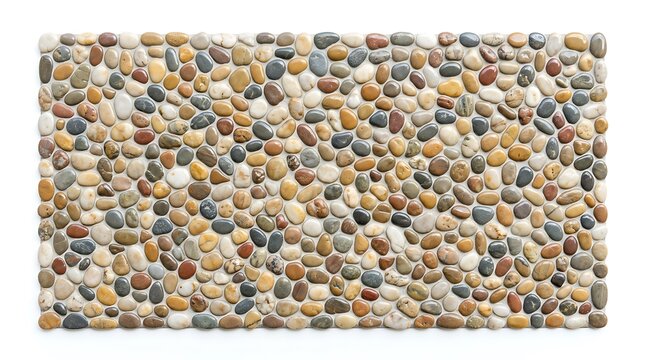 Natural stone pebble mat tile background texture composed of smooth river rocks isolated on white background