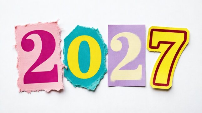 Year 2027 numbers cut out from paper magazine ransom note typography style isolated on white background