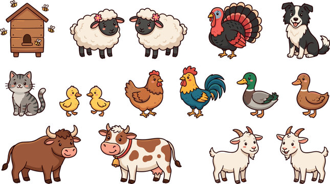 Cute Cartoon Farm Animals and Livestock Mega Set Featuring Cow Sheep Goat Border Collie Cat Chicken Ducks and Beehive Clipart Vector Illustration