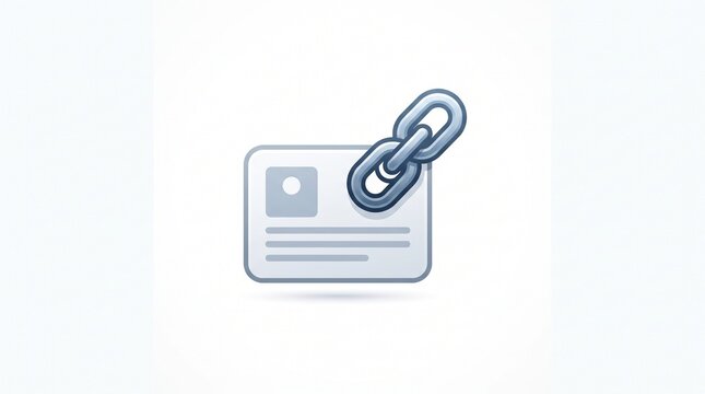 Digital link icon with chain and document card, secure connection symbol, web hyperlink and data integration concept on white background