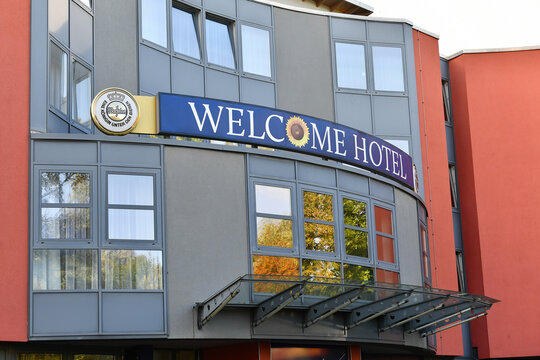 Germany, Paderborn, September 20. 2026, sign lettering Welcome Hotel Entrance in Paderborn