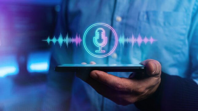 A man holding a smartphone with a glowing voice assistant hologram