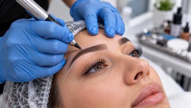 Cosmetologist mapping eyebrow symmetry with white pencil before starting permanent makeup tattoo procedure.