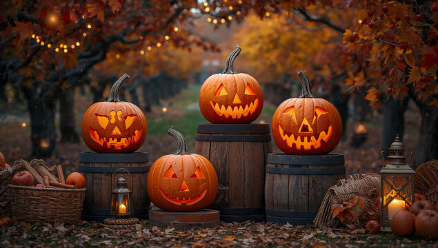 Four carved glowing jack-o'-lantern pumpkins resting on wooden crates in a rustic autumn apple orchard with halloween celebration seasonal decoration frightening tradition atmosphere mystical