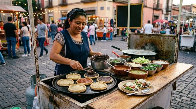Cook Preparing Traditional Sopes with Beans and Fresh Salsa at Food Cart