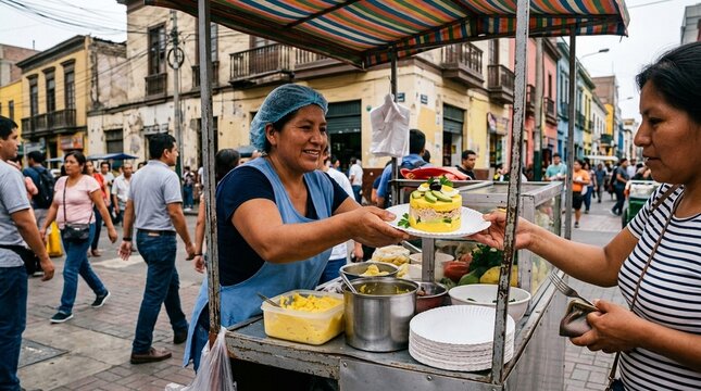 Street Food Stand Selling Peruvian Causa Rellena on Paper Plate