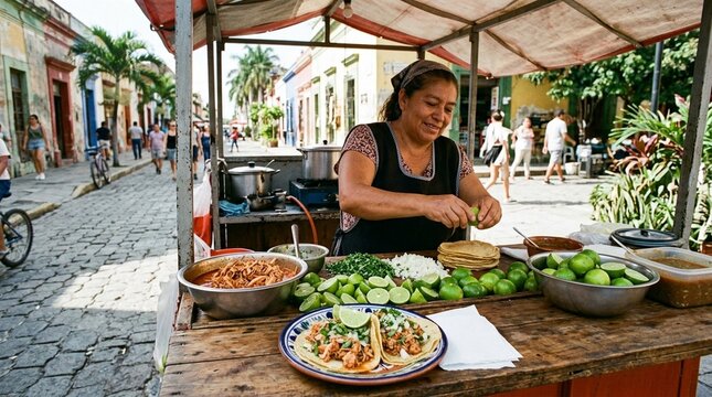 Street Food Stand Selling Tacos de Jaiba Crab with Fresh Lime