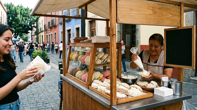 Street Food Stand Serving Conchas Rellenas de Crema Cream Filled Bread