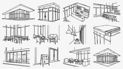 Obraz premium Clean Minimalist Black and White Sketch Illustrations of Modern Caf and Restaurant Interior Design Concepts