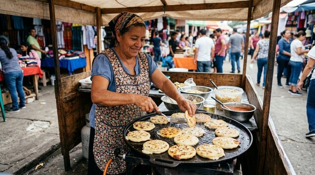 Vendor Frying Salvadoran Pupusas on Flat Comal Griddle at Market Food Stand