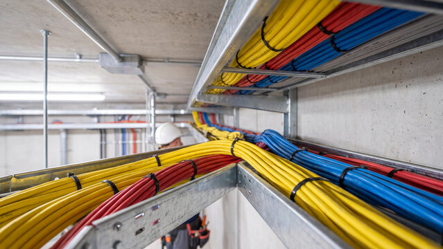 Electrical cables installed neatly inside cable trays on the ceiling of a modern industrial building.