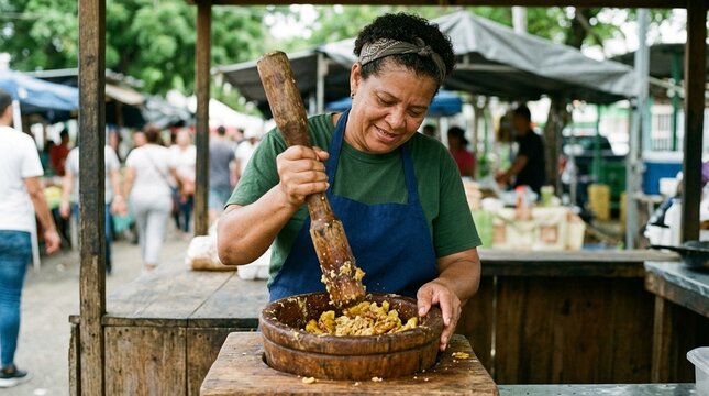 Vendor Pounding Puerto Rican Mofongo in Wooden Mortar at Food Stand