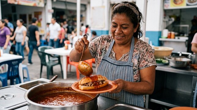 Woman Serving Tortas Ahogadas Drowned in Spicy Red Sauce