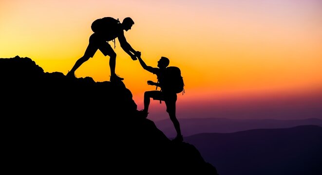 Hikers helping each other climb a steep mountain summit silhouette during a vibrant golden sunset sky