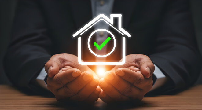 Real estate agent holding holographic house icon with green checkmark representing approved mortgage loan approval process