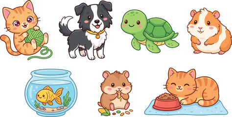 Fototapeta premium Cute Cartoon Pets Clipart Vector Set Featuring Happy Kitten Playful Puppy Turtle Guinea Pig Goldfish and Hamster Characters for Children Graphic Designs
