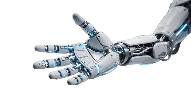 Futuristic robotic hand reaching out, white cyborg arm with glowing blue lights, advanced artificial intelligence and bionic technology concept