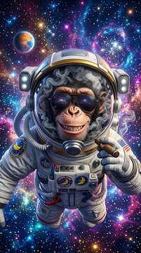 Astronaut-suited monkey character floating in space with cosmic background for sci-fi media