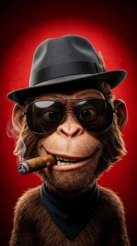 Cartoon monkey character dressed as a detective with fedora hat and sunglasses holding a cigar