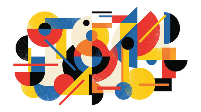 Abstract geometric composition with circles squares and lines in primary colors and textured effect