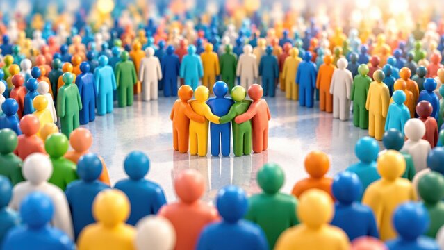 Diverse group of colorful figures holding hands in circle showing teamwork and collaboration for unity.