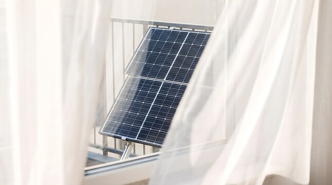 View through soft sheer curtains of a mini solar panel installation on a modern apartment balcony