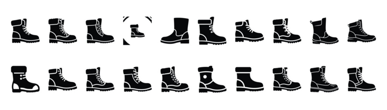 winter boot silhouette simple Christmas icon set, flat black color and pure white background