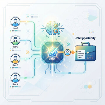 AI job matching JPG vector illustration featuring artificial intelligence connecting multiple users to career opportunities and recruitment solutions.   