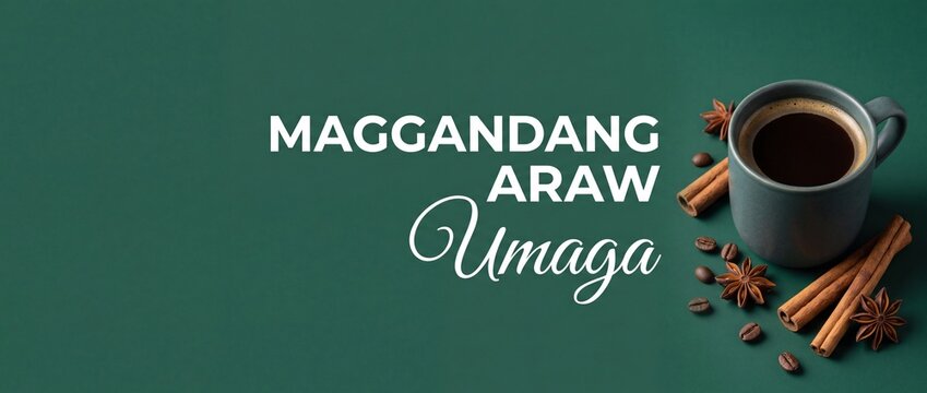 Black coffee mug cinnamon sticks star anise on dark green background with Filipino text Magandang Araw Umaga cozy good morning concept warm breakfast beverage flat lay empty copy space template design
